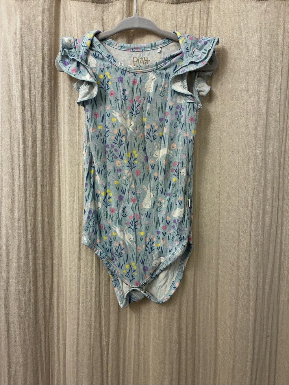 Light Blue Bunny Floral Ruffle Sleeve One-Piece little sleepies 12-18